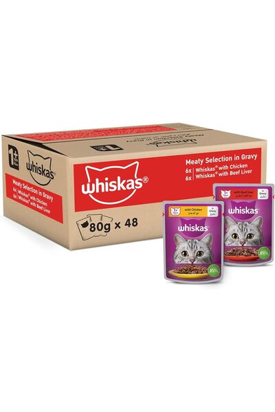 Whiskas Meaty Selection in Gravy Wet Cat Food Mega Pack of 40+8, 80g