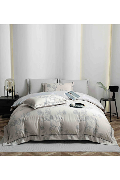FIONNA.RO Lenjerie Din Bumbac Tip Finet PREMIUM Luxury Cu Elastic - Flori Gri