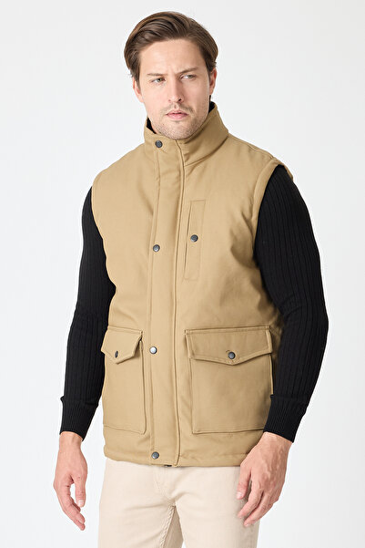 STONCS Men's Beige Stand Collar Cotton Vest