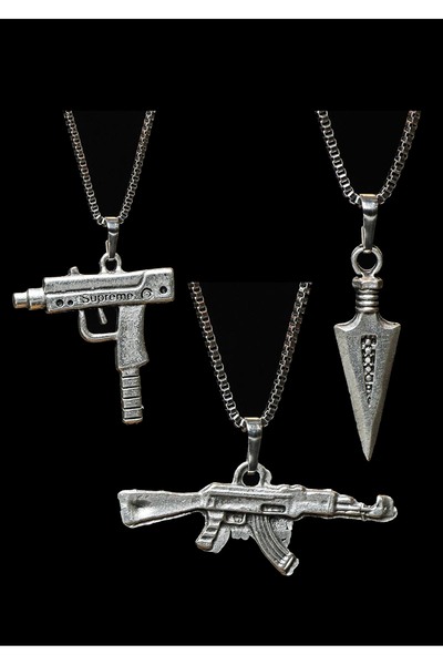 renery 3 lü Set Antik Gümüş Kaplama Erkek Tarz Pubg UziKolye