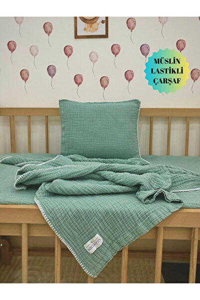 GLOYDEN طقم غطاء لحاف للأطفال من الموسلين باللون الأخضر 60x120 – ملاءة مطاطية...