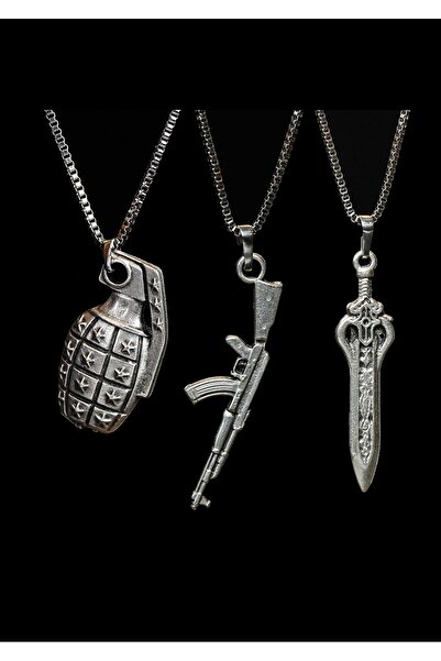 renery 3 lü Set Antik Gümüş Kaplama Erkek Tarz Pubg Bıçak Tüfek Kolye
