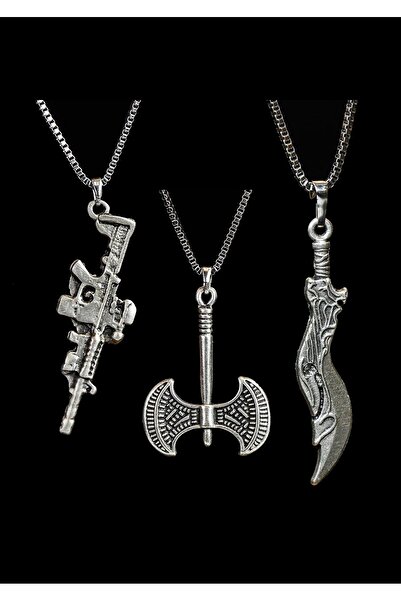 renery 3 lü Set Antik Gümüş Kaplama Erkek Tarz Pubg Tüfek Kılıç Balta Kolye
