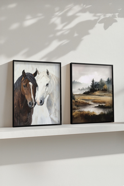 STARYUNA Black Wooden Framed Horse Oil Painting Effect Landscape Double Painting Set Yuna409