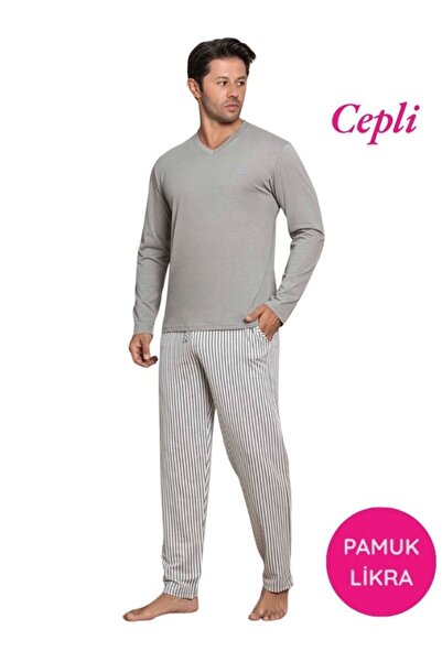 bie's Men's Buttonless Striped Jacquard Fabric Seasonal Long Sleeve Cuffed Long Sleeve Pajama Set with Pockets