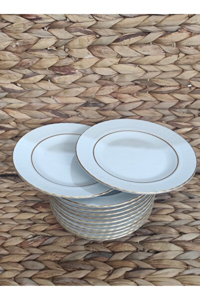 Güral Porcelain Matte Gilt 12 Pieces 16 cm Small Dessert Plate (1 Piece with Napoli Knife as a Gift)
