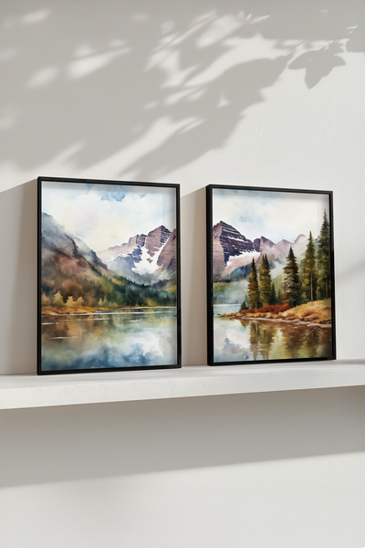 STARYUNA Black Wooden Framed Watercolor Effect Mountain Lake View Double Painting Set Yuna420