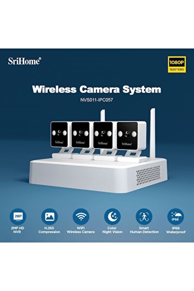 SRIHOME Kit Supraveghere Video WiFi 4 Camere NVS011 Plus, Detecție Mișcare, Viziune Nocturna Color