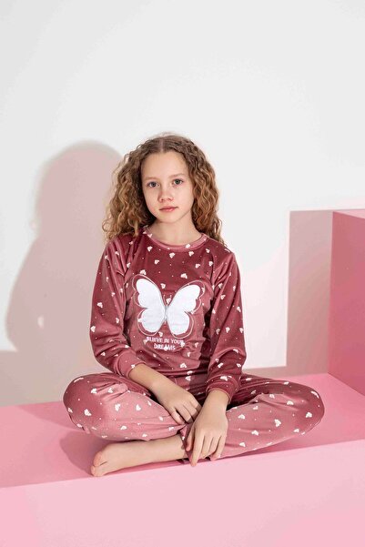 Tarık Girl Teenager and Children's Butterfly Embroidered Long Sleeve French Velvet Fabric Winter Warm Pajamas Set