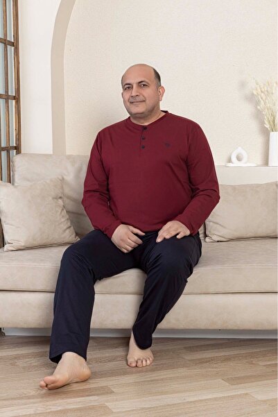 GUAVA+ Erkek Büyük Beden 3 Düğmeli %100 Pamuk Mevsimlik Uzun Kollu Cepli Pijama Takımı