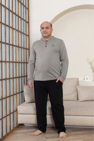 bie's Erkek Gri Büyük Beden 3 Düğmeli %100 Pamuk Mevsimlik Uzun Kol Cepli Pijama Takımı