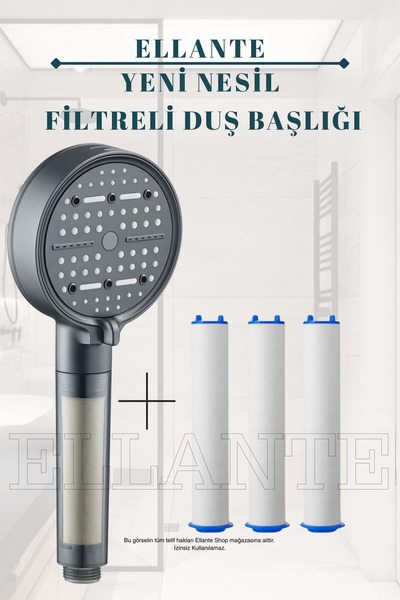 ellante Su Tasarruflu ve Filtreli Çok Fonksiyonlu Siyah Duş Başlığı + 3 ADET ...