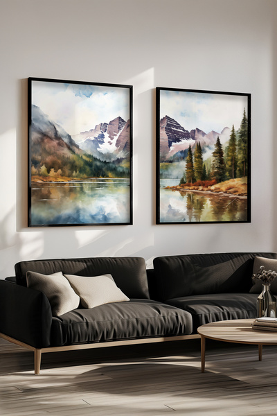 STARYUNA Black Wooden Framed Watercolor Effect Mountain Lake View Double Painting Set Yuna420