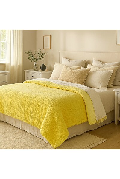 Tasarım HB&Victory Müslin Yatak Örtüsü %100 Pamuk 4 Katlı Limon Sarısı Çift Kişilik 240x230 cm.