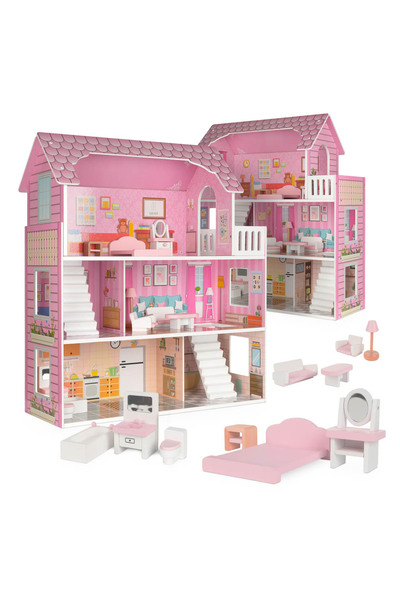 kik Casuta de papusi, KIK, Lulilo Trikito, Lemn, 3 Niveluri, 5 camere, 70 x 59 x 22.5 cm, Roz