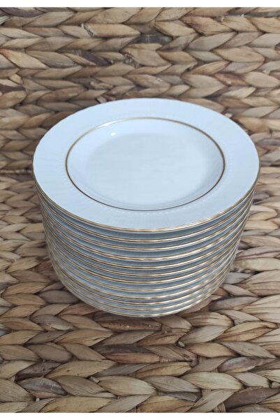 Güral Porcelain Matte Gilt 12 Pieces 16 cm Small Dessert Plate (1 Piece with Napoli Knife as a Gift)