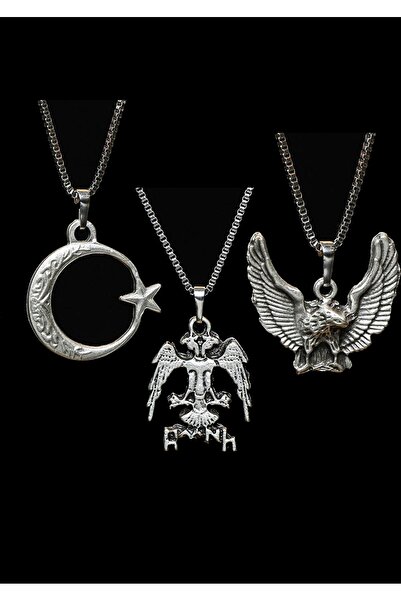 renery 3 lü Set Antik Gümüş Kaplama Erkek Tarz Ay Yıldız Kartal Kolye