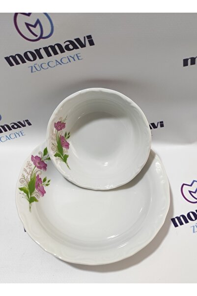 Porland Porcelain Lal 12 Pieces 6 Plates 6 Bowls Plate Set (1 Napoli Knife as a Gift)