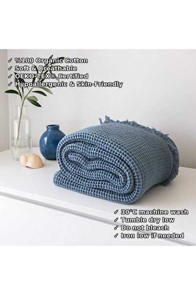 Tasarım HB&Victory Waffle 4 Katlı %100 Pamuk Premium Yatak Örtüsü Deniz Mavisi Çift Kişilik 230x240 cm