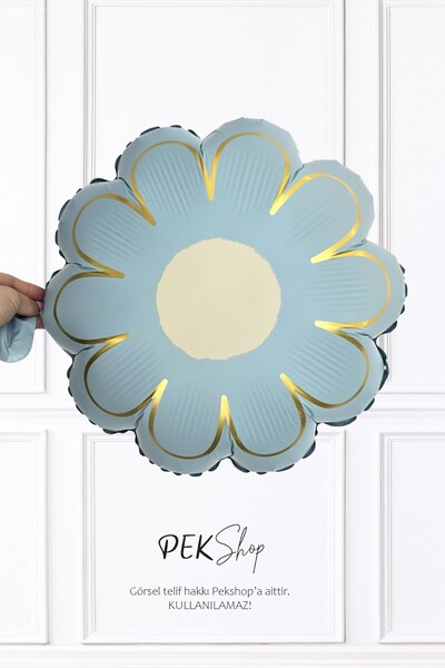PEKSHOP Blue Flower Shaped Foil Balloon with Gold Detail