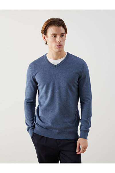 LC Waikiki Blue V-Neck Long Sleeve Men's Knitwear Sweater