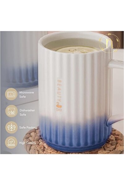 Nestasia White and Blue Ombre Ceramic Coffee Mug with Wooden Lid and Golden Spoon Set of 1, 450ml C