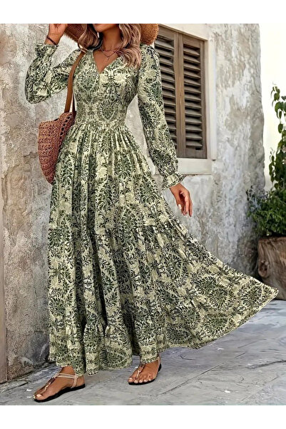 SB COLLECTIONN Women's Uzn Sleeve V-Neck Elastic Waist Single Jersey Maxi Dress