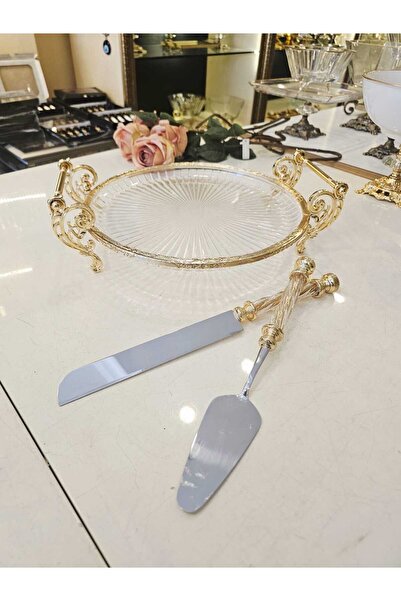 MaviDamla طقم عرض الحلويات الزجاجي مع إطار معدني مصبوب ذهبي اللون مكون من 3 قطع