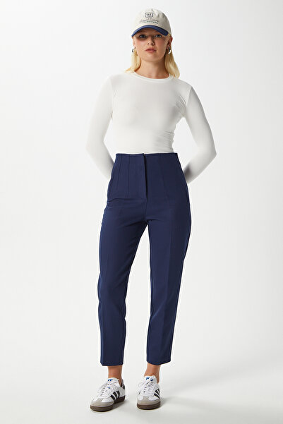 Ritnice Women's Jeremy Tok Textured Ribbed Navy Blue Carrot Pants 5113