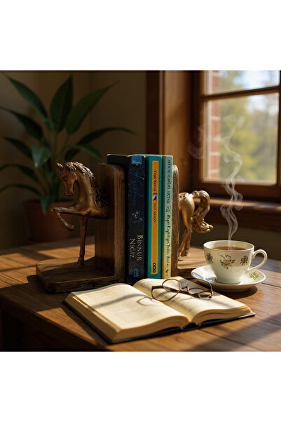 LIGNUM KORE Dekoratif At Figürlü Kitap Tutucu (Polyester & Ahşap – Çiftli Set)