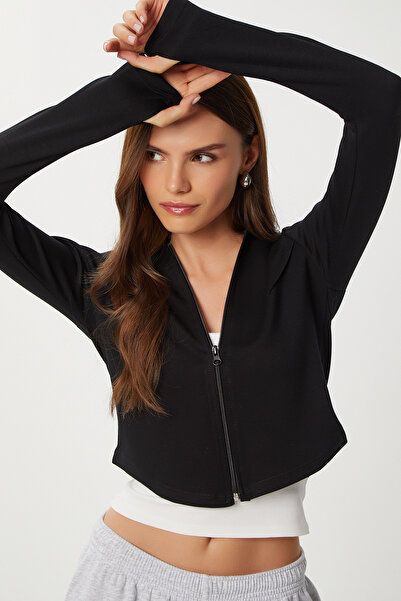 Lovelyİstanbul Fermuarlı Kapüşonlu Yumuşak Modal Sweatshirt LAN0059 SİYAH