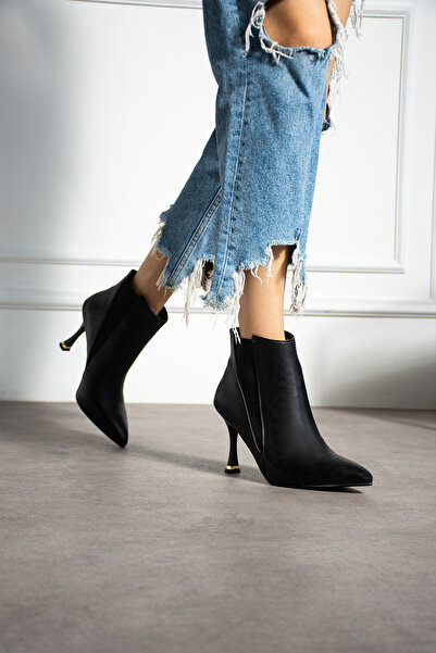 irmona ELİNA SİYAH DERİ LASTİK DETAYLI 7 CM İNCE ÖKÇE BOT BOTTİE