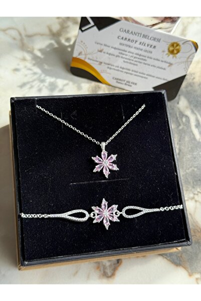 carrot silver 925 Ayar Gümüş Pembe Taşlı Manolya Çiçeği Kolye ve Bileklik Set...
