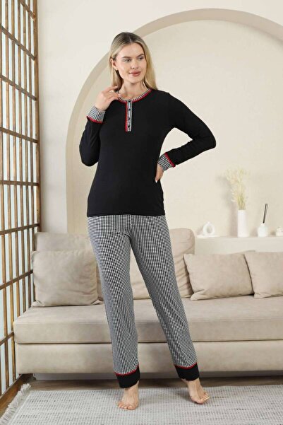 ALİMER Goose Feet Patterned Women's Pajama Set-Black 3 Buttoned Long Sleeve Lycra Rink Viscose