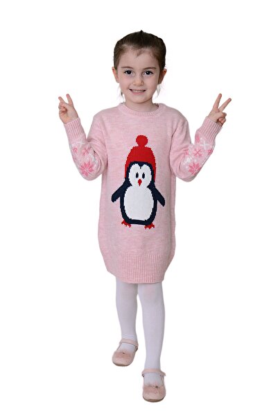 Sevimli Kız Çocuk Kışlık Elbise Penguen İşlemeli Bere Ve Atkılı 3'lü Takım