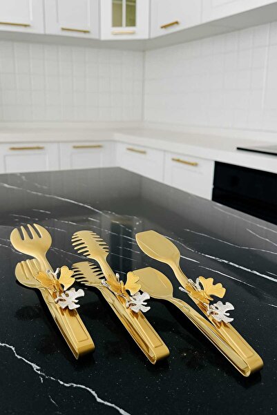 sui home Kelebekli Gold Stylish Service Presentation Set Titanium Coated 3-Piece Tongs Set Stainless Steel