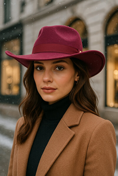 Luminos Butik Women's Burgundy Curved Brim Cowboy Cashmere Panama Hat Spk1149