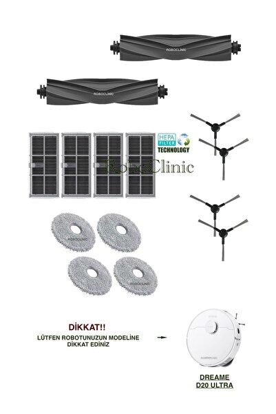 Roboclinic Perie de schimb compatibilă cu aspiratorul robot Dreame D20 Ultra, filtru Hepa, set de mop-14 piese