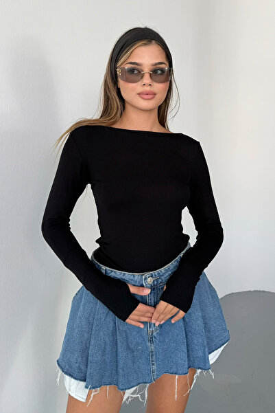 LACHT Дамски черен боди без пръсти с модален памук и принцеска яка