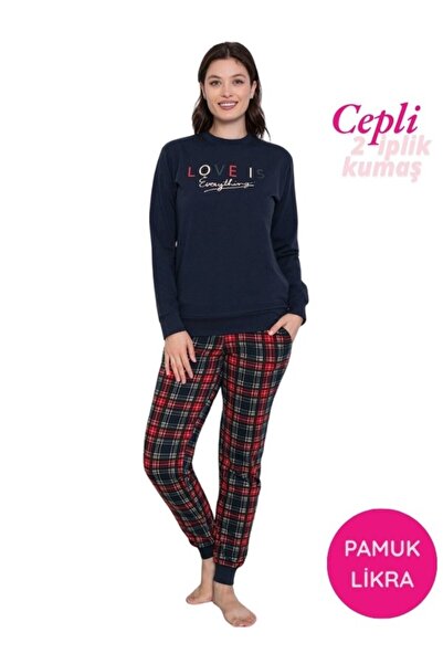 GUAVA+ Kadın Bisiklet Yaka Bilek Manşet/Lastikli 2 İplik Pamuk Cepli Kışlık Jogger Eşofman Pijama Takımı