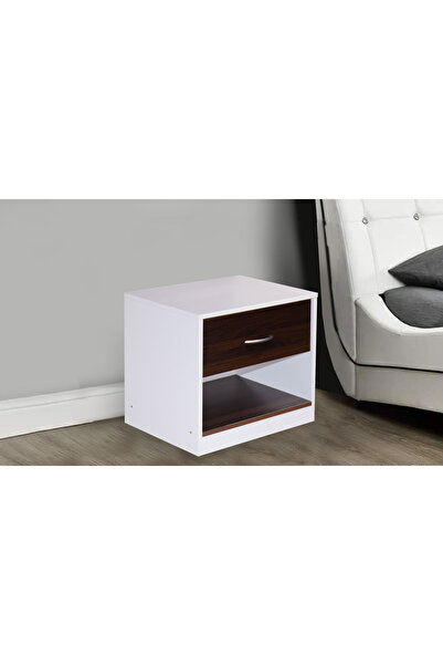 BAITY طاولة جانبية من الخشب الماليزي مع درج ورف - أبيض وبني