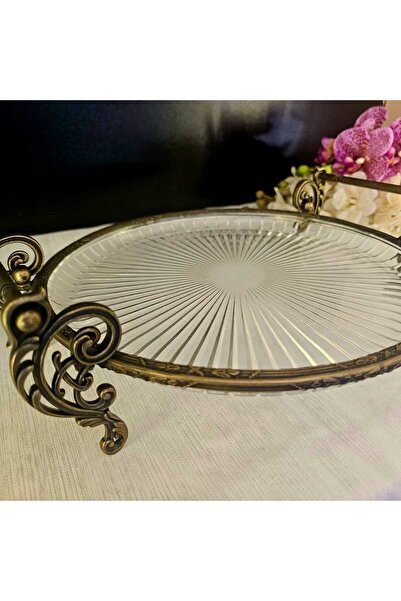 MaviDamla 3 Pieces Cast Metal Frame Glass Cake Presentation Set 31.cm Antique