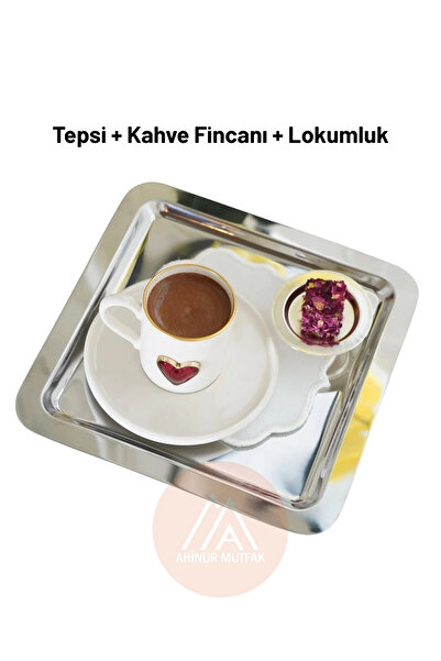 Ahinur Mutfak 2-Piece Silver Tray, Heart-Shaped Coffee Cup, Turkish Delight B...