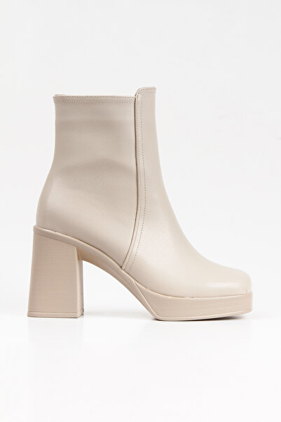 KARABAGSHOES Kadın Bej Yüksek Topuklu Fermuarlı Bot