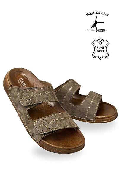 sermoda Men's Double Velcro Leather Slippers – Comfortable Daily Slippers with Flexible Soles C Mink