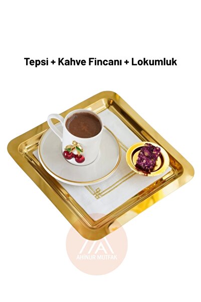 Ahinur Mutfak طقم صينية ذهبية مزدوجة الجوانب، فنجان قهوة بلون الكرز، طقم حلوي...