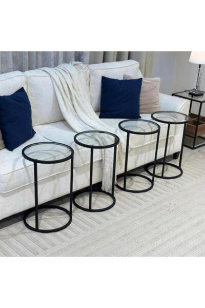 terndat Set of Black Iron Table with Transparent Glass, 4 Pieces