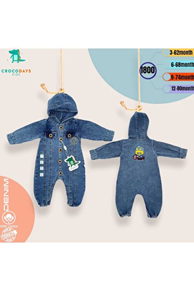 CROCODAYS Unisex Çocuk Bebek Kot (JEANS) Baskılı Kapşonlu Tulum (3/6/9/12) Ay