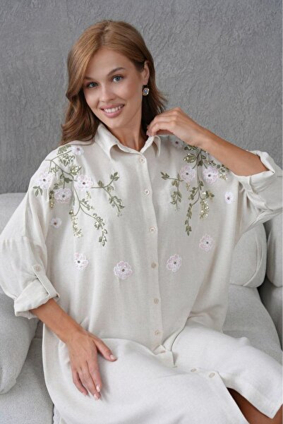 Fresh&Moda Cămașă oversize cu nasturi din in brodat lung pentru femei