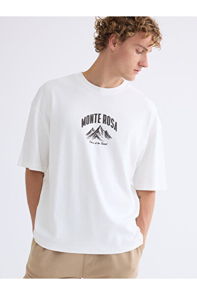 LC Waikiki Ανδρικό μπλουζάκι με στάμπα Ecru Crew Neck